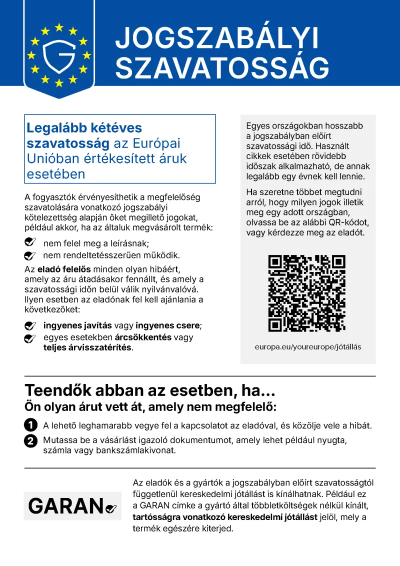 Uniós kellékszavatossági tájékoztató. A teljes szöveg a kép alatt olvasható.